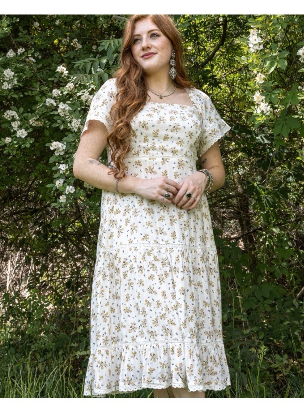 Women’s White Floral Midi Dress rouched crochet romantic cottagecore feminine
